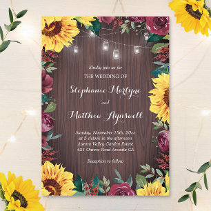 Sunflower Burgundy Rose Wood Jar Lights Wedding Invitation