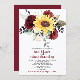 Sunflower Burgundy Roses Greenery Wedding Invitation