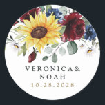 Sunflower Burgundy Roses Navy Blue Rustic Wedding Classic Round Sticker<br><div class="desc">Design features an elegant bouquet of watercolor sunflowers,  peony roses,  eucalyptus,  greenery and more with a unique typography layout in medium black and printed gold coloured text.</div>