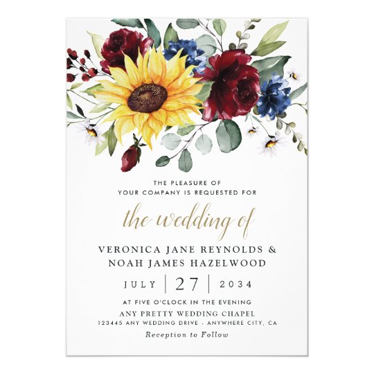 Sunflower Burgundy Roses Navy Blue Rustic Wedding Invitation | Zazzle ...