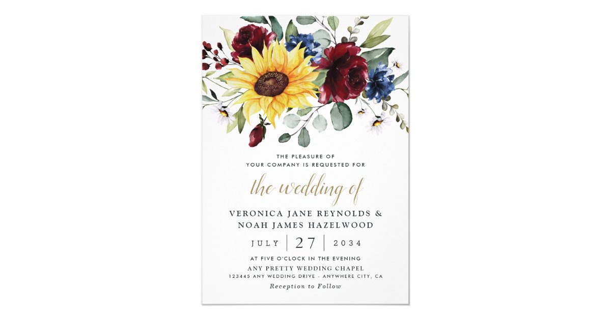 Sunflower Burgundy Roses Navy Blue Rustic Wedding Invitation | Zazzle.com.au