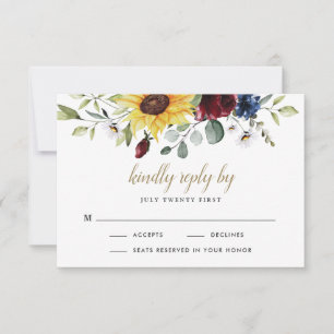 Sunflower Burgundy Roses Navy Blue Rustic Wedding RSVP Card