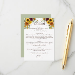 Sunflower Burgundy Roses Rust Fall Floral Wedding Enclosure Card