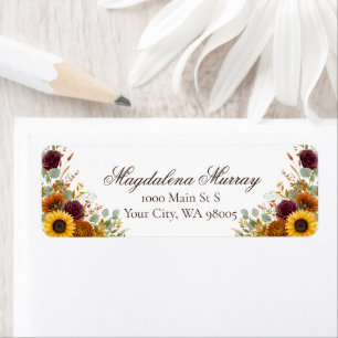 Sunflower Burgundy Roses Rust Fall Floral Wedding Return Address Label
