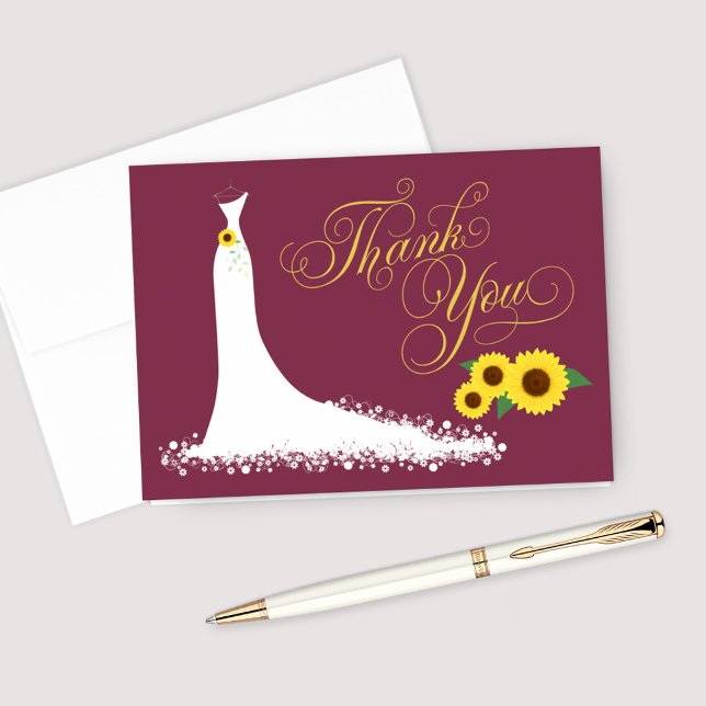 Sunflower Burgundy Wedding Gown Bridal Shower Thank You Card (Creator Uploaded)