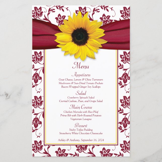 Sunflower Burgundy White Damask Wedding Menu Card (Front)