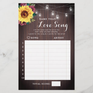 Sunflower Burgundy Wood Bridal Shower Song Game