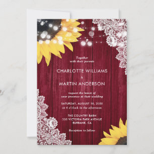Sunflower Burgundy Wood Floral Lace Wedding Invitation