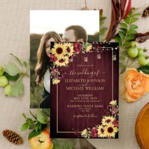 Sunflower Burgundy Wood Floral Photo Wedding Invitation