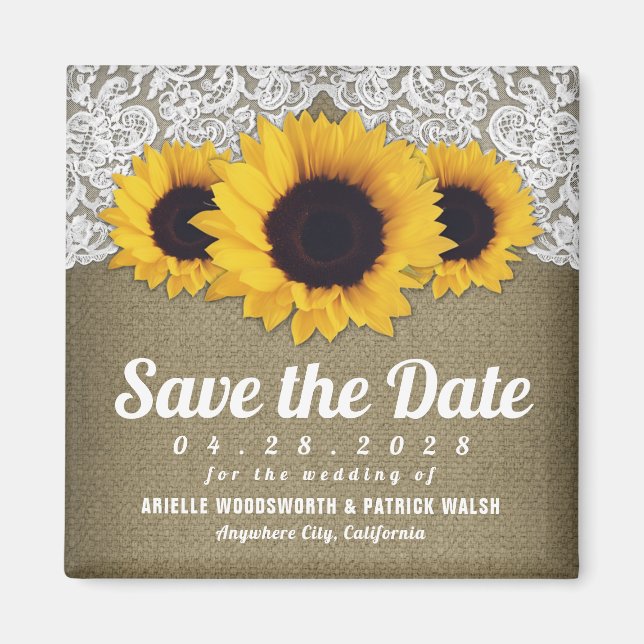Sunflower Burlap and Lace Save the Date Magnets (Front)