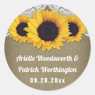 Sunflower Burlap and Lace Wedding Favour Classic Round Sticker