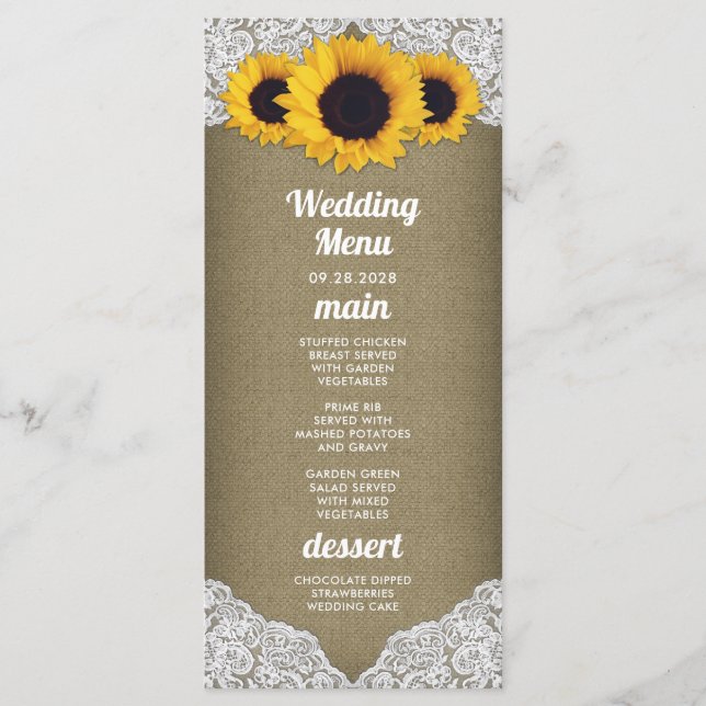 Sunflower Burlap and Lace Wedding Menu Cards (Front)