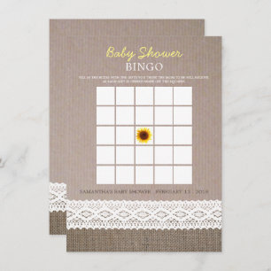Sunflower Burlap & Crochet Lace Baby Shower Bingo Invitation