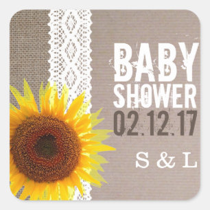 Sunflower Burlap & Crochet Lace Baby Shower Square Sticker