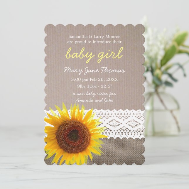 Sunflower Burlap & Lace Baby Announcement (Standing Front)