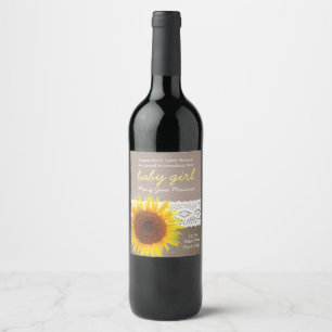 Sunflower Burlap & Lace Baby Announcement Wine Label