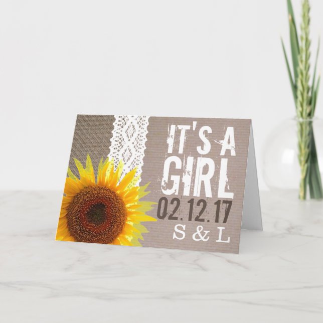 Sunflower Burlap & Lace Baby Girl Announcement (Front)