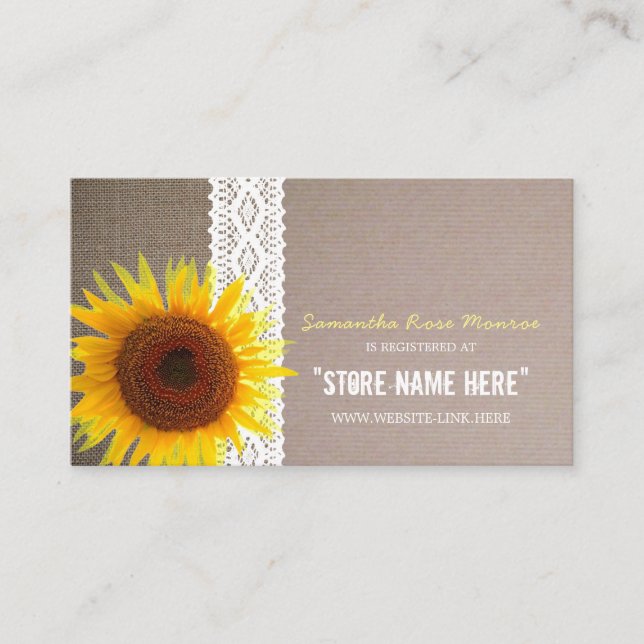 Sunflower Burlap & Lace Baby Shower Gift Registry Enclosure Card (Front)