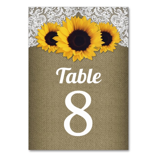 Sunflower Burlap Lace Wedding Table Number Cards (Front)