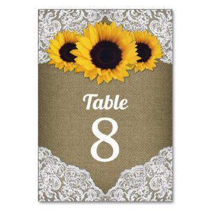 Sunflower Burlap Lace Wedding Table Number Cards