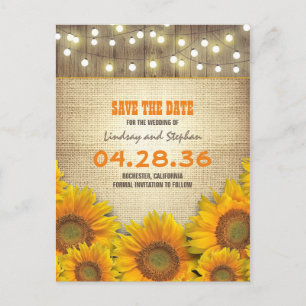 Sunflower Burlap String Light Rustic Save the Date Announcement Postcard
