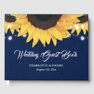 Sunflower Burlap String Lights Navy Blue Wedding Guest Book