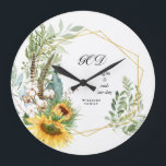 Sunflower Burst Christian Custom Name Large Clock<br><div class="desc">Sunflower Foliage Geometric Frame.  "God Begins and Ends our Day.  Family name.</div>