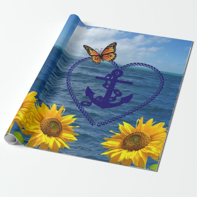 Sunflower Butterfly Anchor Matte Wrapping Paper (Unrolled)