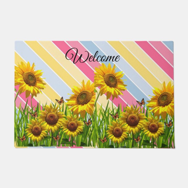 Sunflower Butterfly Bumblebee  Door Mat (Front)