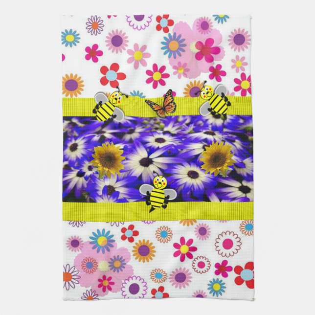 Sunflower Butterfly Bumblebee Kitchen Towel (Vertical)