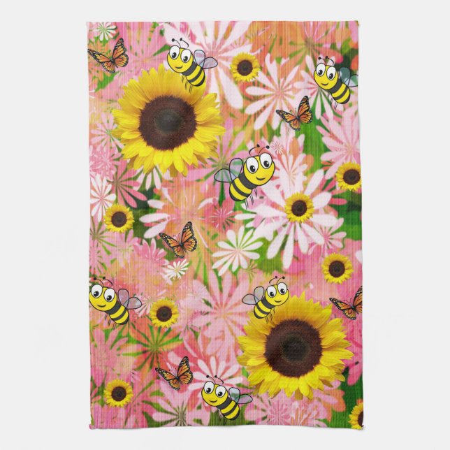 Sunflower Butterfly Bumblebee Kitchen Towel (Vertical)