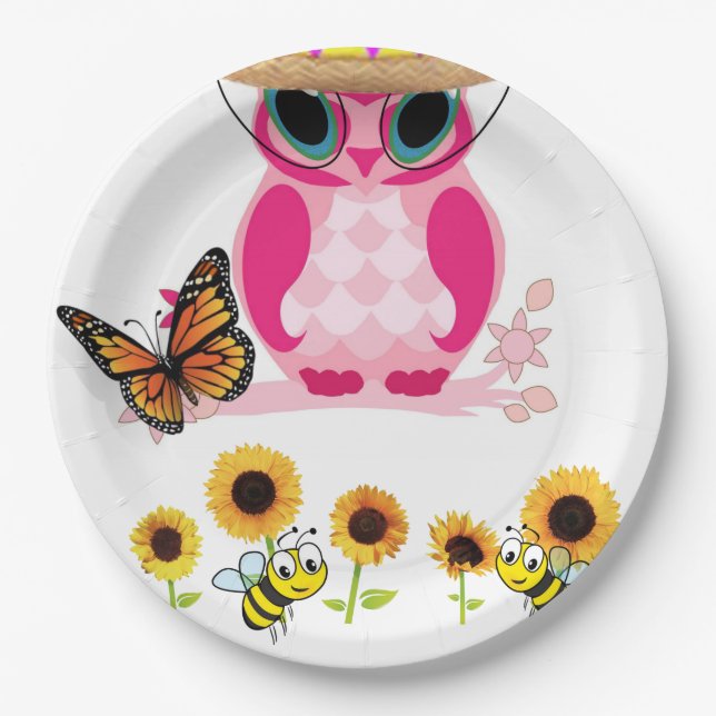 Sunflower Butterfly Bumblebee Owl Paper Plates (Front)