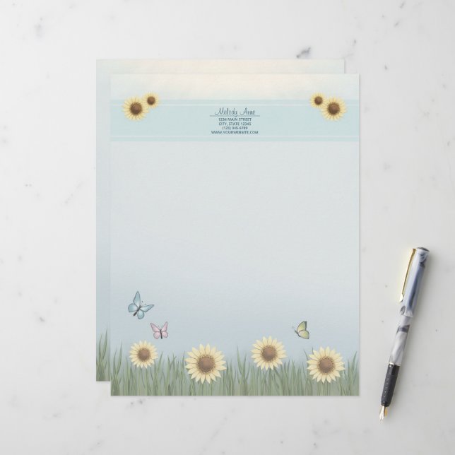 Sunflower Butterfly Floral Custom Letterhead (Front/Back In Situ)