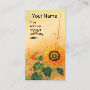 SUNFLOWER ,BUTTERFLY,GREEN LEAVES Japanese Floral Business Card
