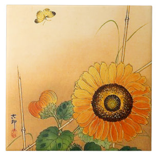 SUNFLOWER ,BUTTERFLY,GREEN LEAVES Japanese Floral Ceramic Tile