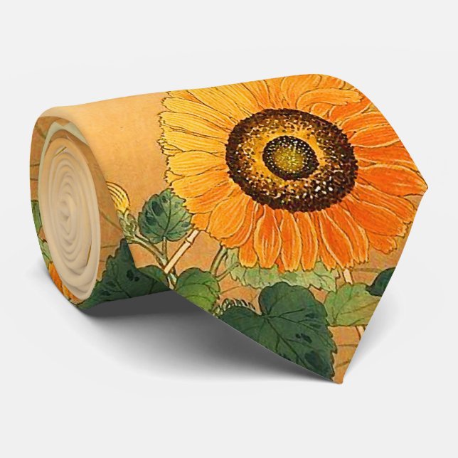 SUNFLOWER ,BUTTERFLY,GREEN LEAVES Japanese Floral Tie (Rolled)