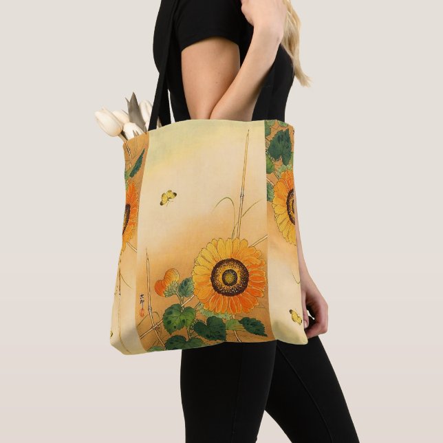 SUNFLOWER ,BUTTERFLY,GREEN LEAVES Japanese Floral Tote Bag (Close Up)