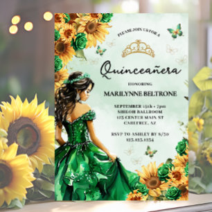 Sunflower Butterfly Green Princess Quinceañera Invitation