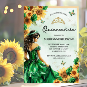 Sunflower Butterfly Green Princess Quinceañera Invitation