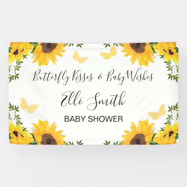 Sunflower Butterfly Kisses Baby Wishes Baby Shower Banner (Horizontal)