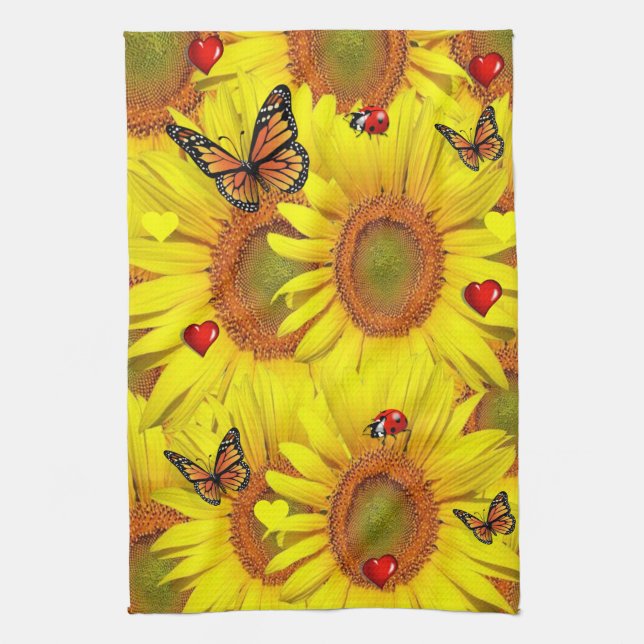 Sunflower Butterfly Ladybug Kitchen Towel (Vertical)