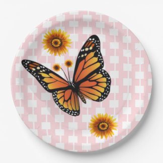 Sunflower Butterfly Paper Plates Pink White Square