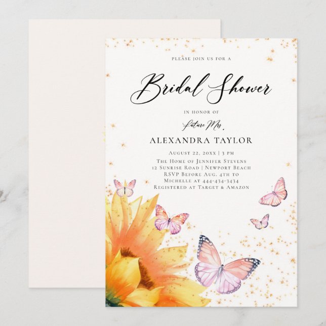 Sunflower Butterfly Pink Gold Rustic Bridal Shower Invitation (Front/Back)
