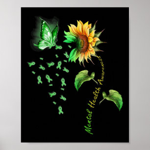 Sunflower Butterfly Ribbon Green Mental Health Awa Poster