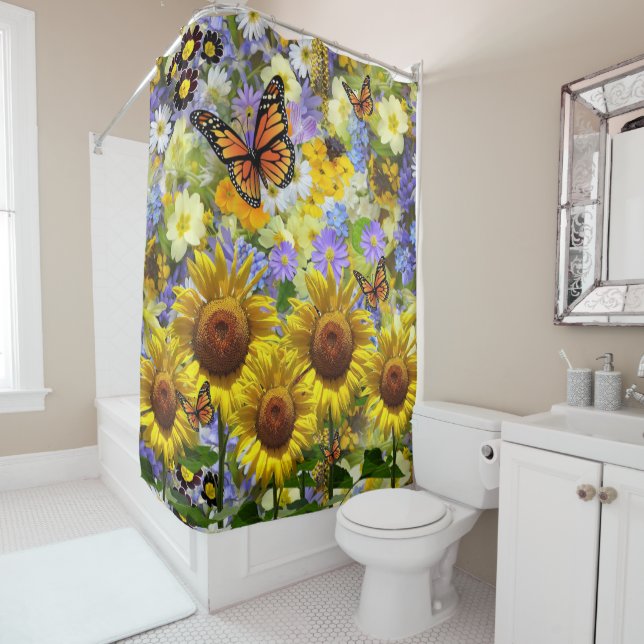 Sunflower Butterfly Shower Curtain (In Situ)