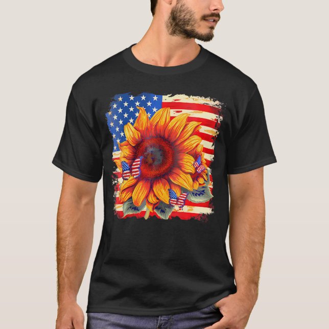 Sunflower Butterfly Usa Flag America V-Neck        T-Shirt (Front)
