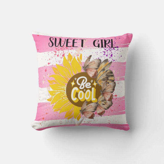 Sunflower & Butterfly Vibrant Pink Art Cushion (Front)