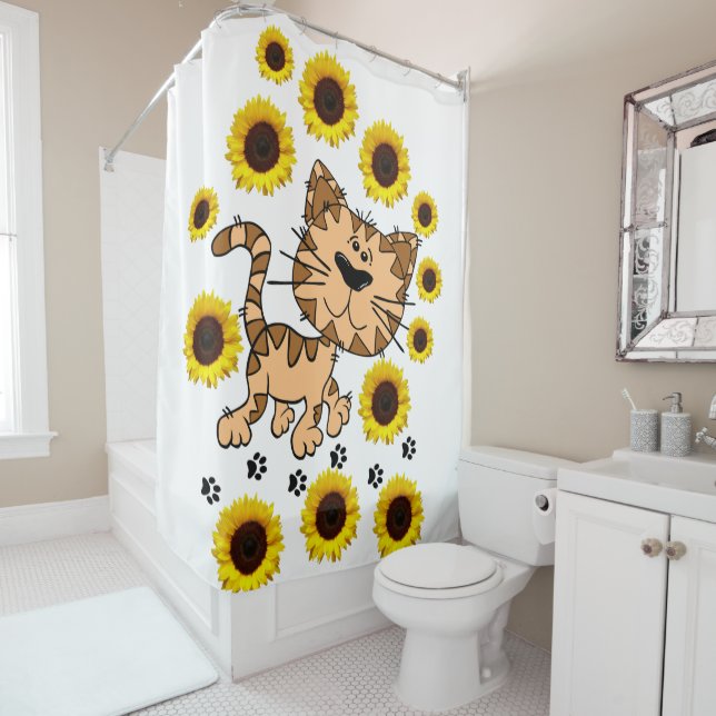 Sunflower Cat Kitten Shower Curtain (In Situ)