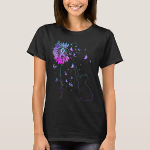 Sunflower Cat Teal and Purple Ribbon Suicide Aware T-Shirt