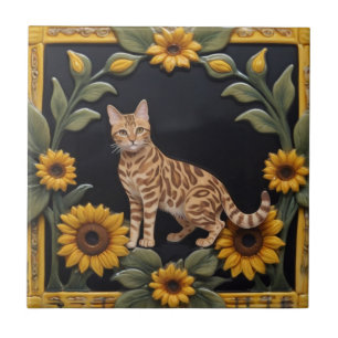 Sunflower Cats - Bengal Cat & Yellow Sunflowers Ceramic Tile